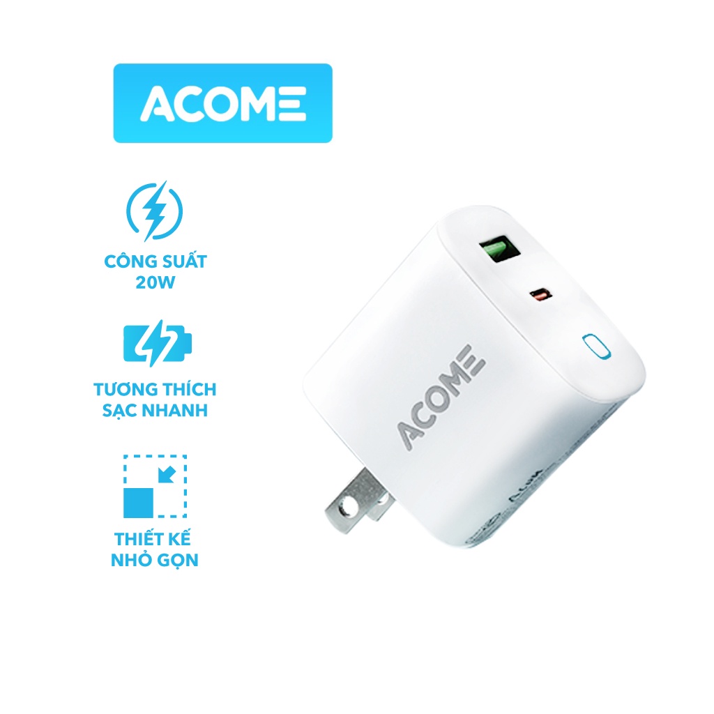 Cốc Sạc Nhanh ACOME AC10U 20W - 2 Cổng USB-A/Type-C