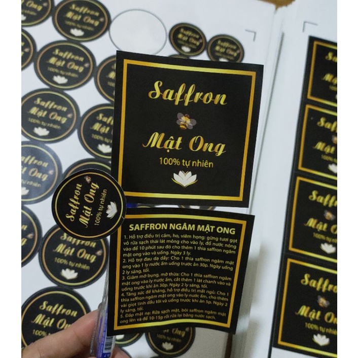 Tem Saffron dán hũ thủy tinh 1 sét gồm 3 mẫu (tròn, vuông trước và sau)