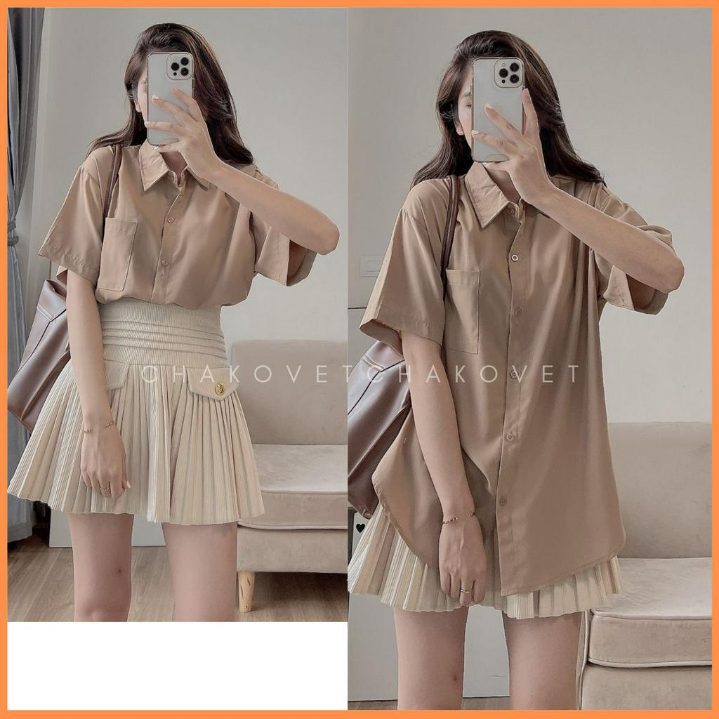 Áo sơ mi nữ cộc tay một túi ngực form rộng ullzang phong cách Hàn Quốc basic đi học đi làm A8623 - CHAKOVET