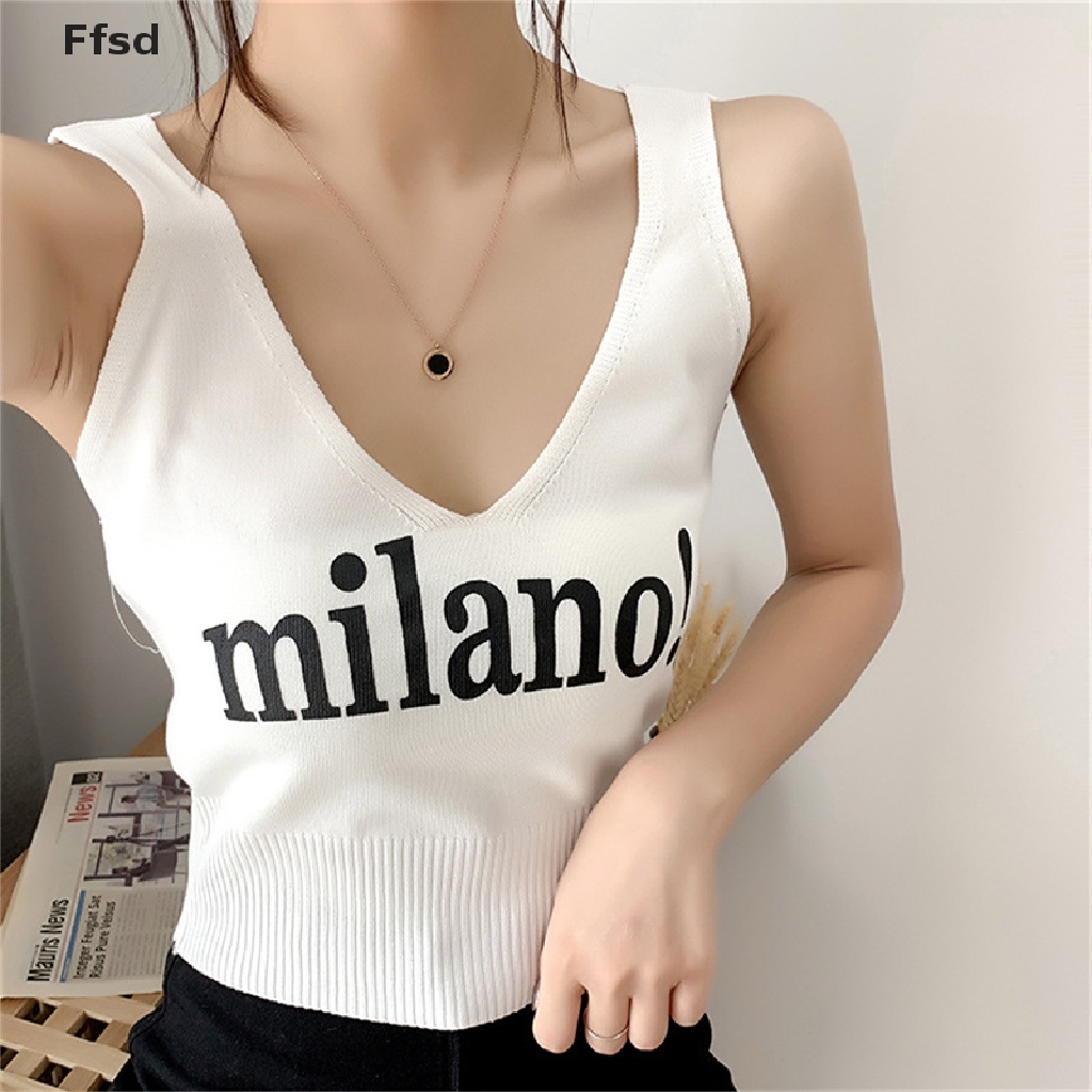 {Ffsd} Áo Crop Top Dệt Kim Hai Dây Cổ Chữ V Khoét Sâu In Chữ Thời Trang Mùa Hè Cho Nữ