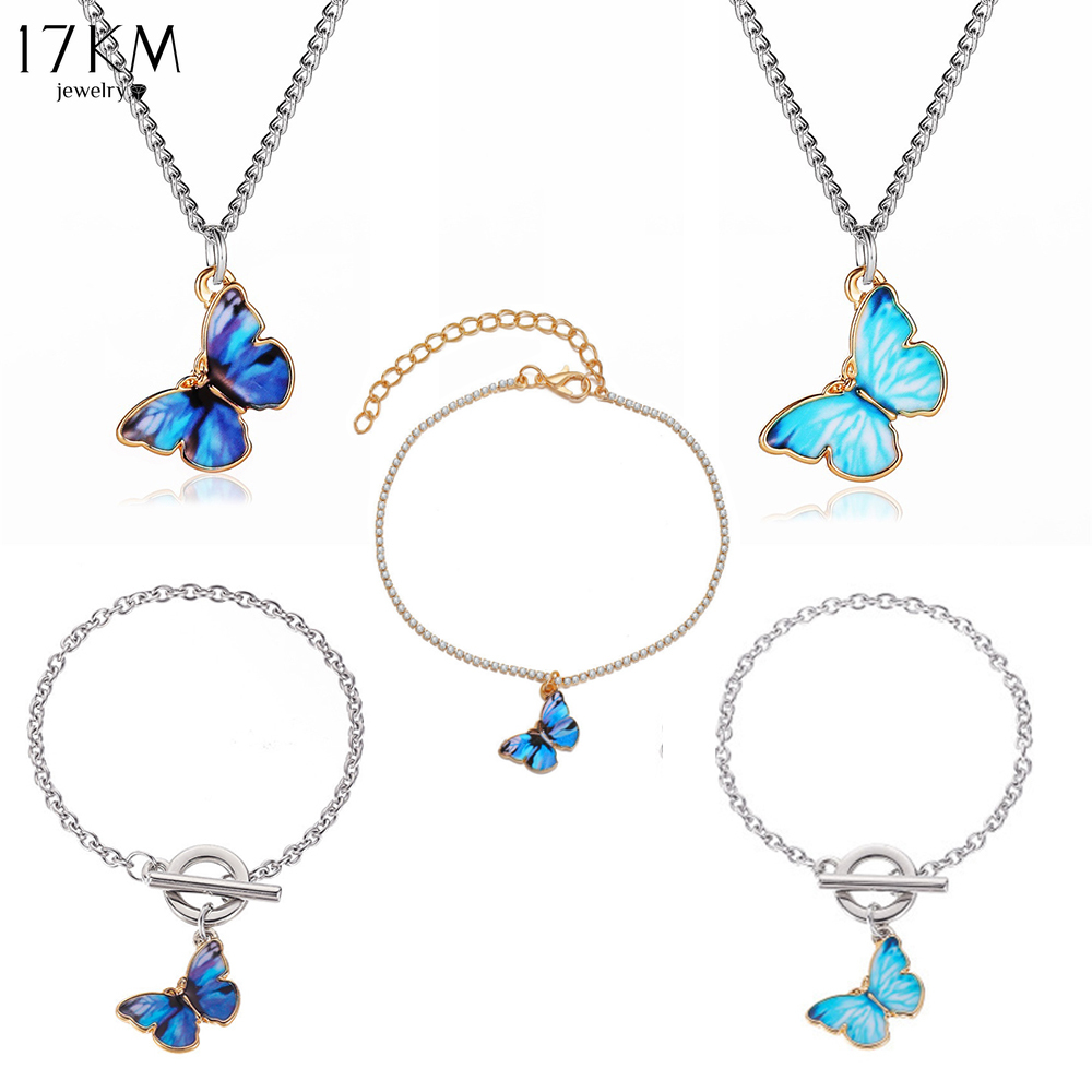 Bộ Dây Chuyền/ Bông Tai/Vòng Đeo Tay 17KM Trang Trí Mặt Hình Bướm Phong Cách Retro Hàn Quốc