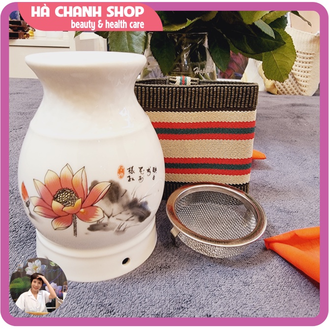 Cốc Xông Ngải Cứu Phù Dương Dụng Cụ Spa Làm Đẹp Mát Xa Body Hơ Điếu Ngải Cứu Bằng Gốm 2 Lớp Màu Trắng Hình Hoa Sen Đẹp