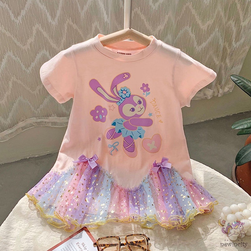 Đầm Tay Ngắn Phối Lưới In Họa Tiết Hoạt Hình Phong Cách Hàn Quốc Cho Bé Gái