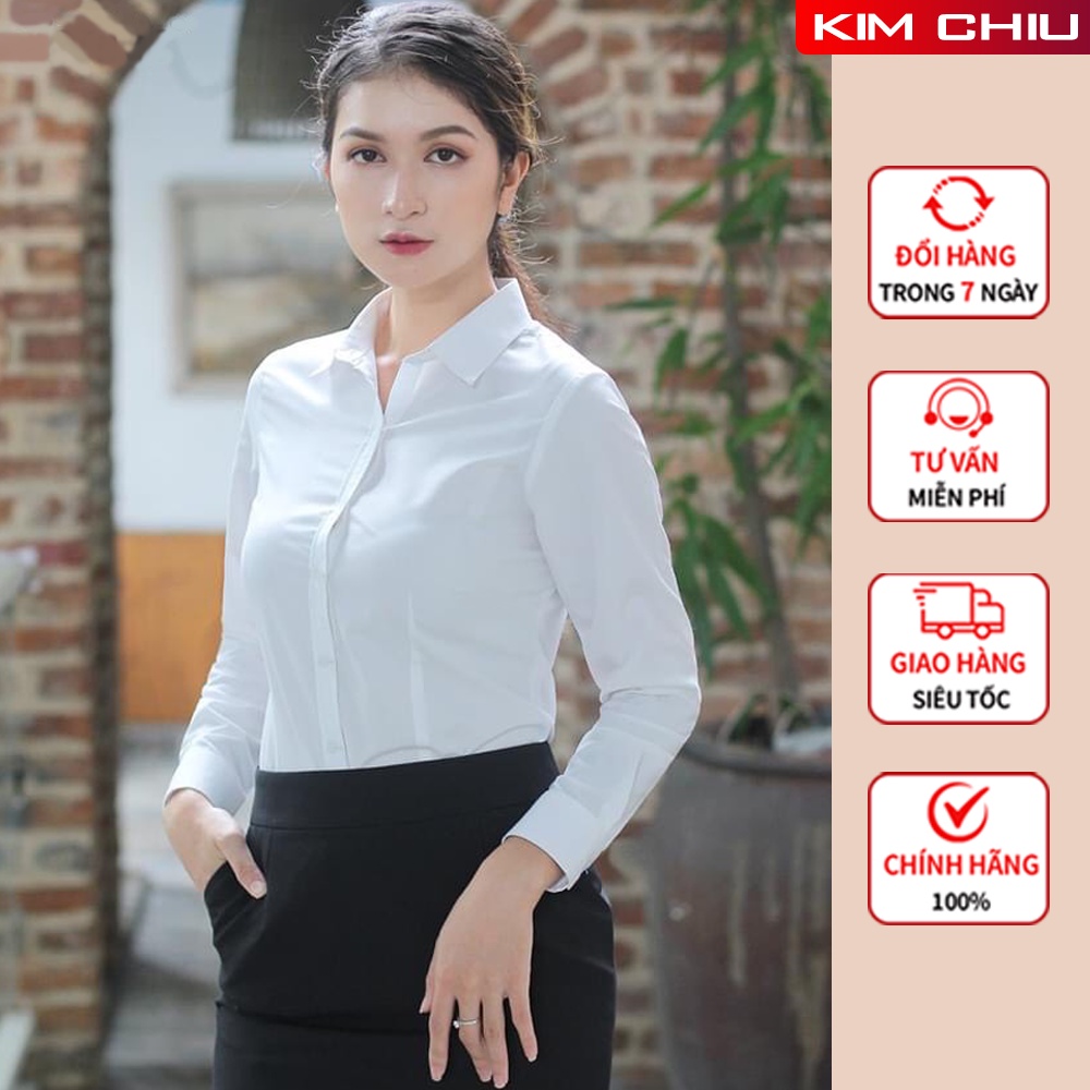 Áo Sơ Mi Nữ Công Sở Cao Cấp KIM CHIU Màu Trắng Form Mai An Tay Dài Vải Kate Ý Đẹp Ít Nhăn Không Xù Lông, Giãn Nhẹ SMTD01