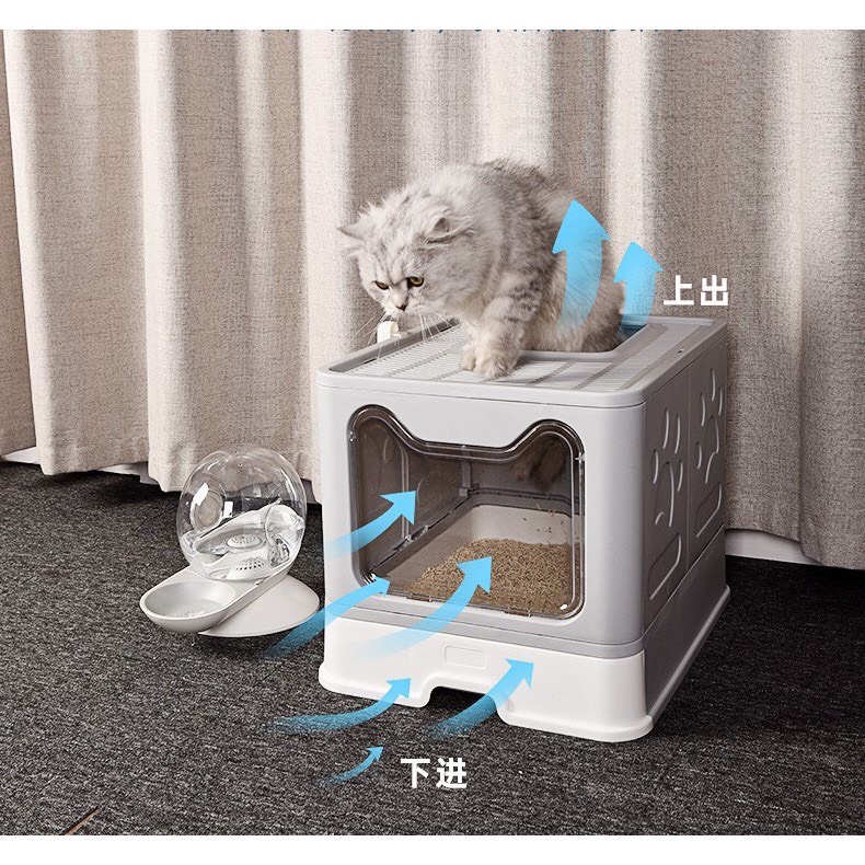 [Hàng cao cấp] Nhà vệ sinh mèo hai cửa tai mèo, chống văng cát, gấp gọn, tặng kèm xẻng