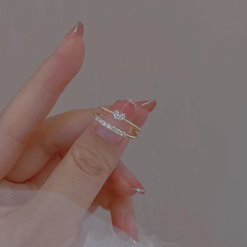 Ahellogirl Set 2 Nhẫn Hình Trái Tim Đính Đá Zircon Phong Cách Hàn Quốc Cho Nữ