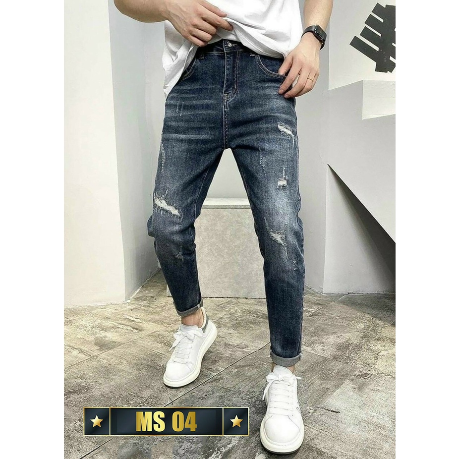 Quần jean nam xanh rách gối chất bò cao cấp co dãn 4 chiều họa tiết cực đẹp, quần rin nam QDJ0404 Nhiều mẫu mới