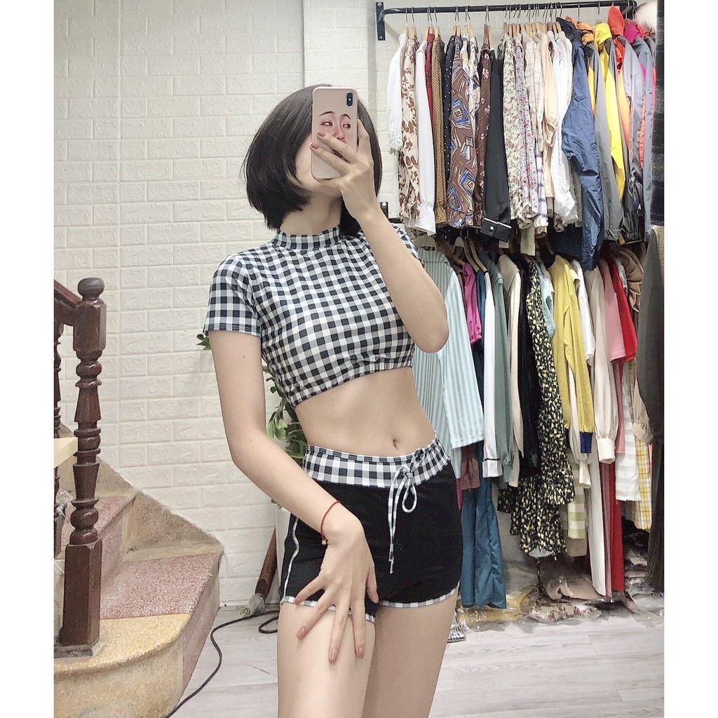 Đồ bơi bikini hai mảnh đẹp caro cộc tay đen trắng đồ bơi bộ bới giá rẻ