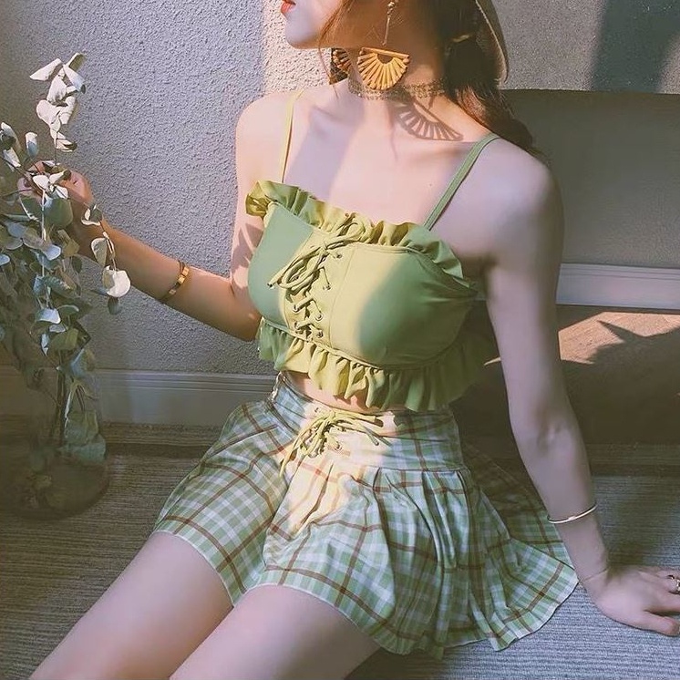 Bộ Đồ Bơi Lưng Cao Họa Tiết Sọc Caro Dễ Thương Cho Nữ