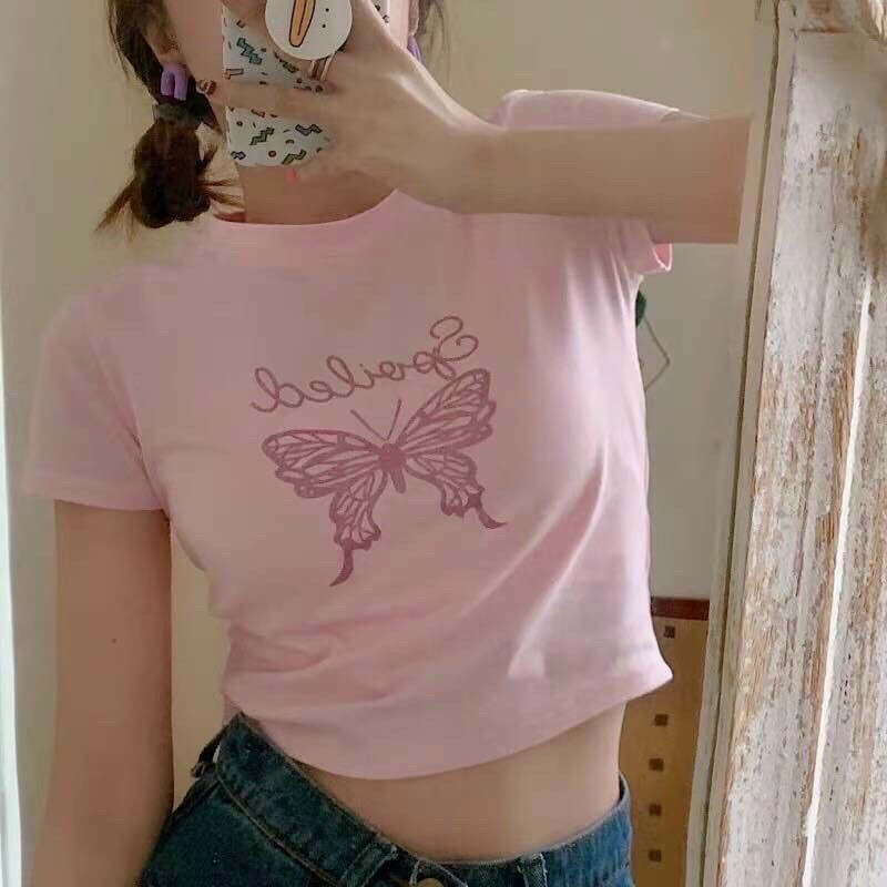 Áo croptop ôm màu hồng Pink Buterfly