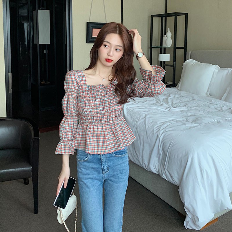 Women Retro Square Collar Plaid Shirt Sleeve Plaid Shirt Slim Waist Shirt Top