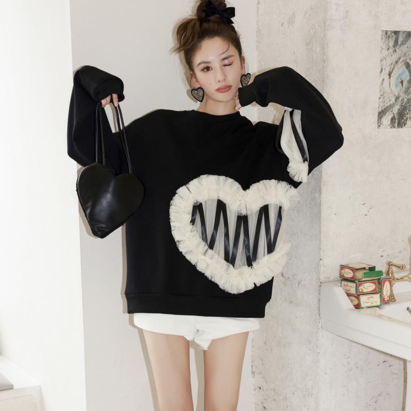 Áo sweater cổ tròn tay dài phối ren lưới thời trang mùa thu Pháp 2021 cho nữ | BigBuy360 - bigbuy360.vn
