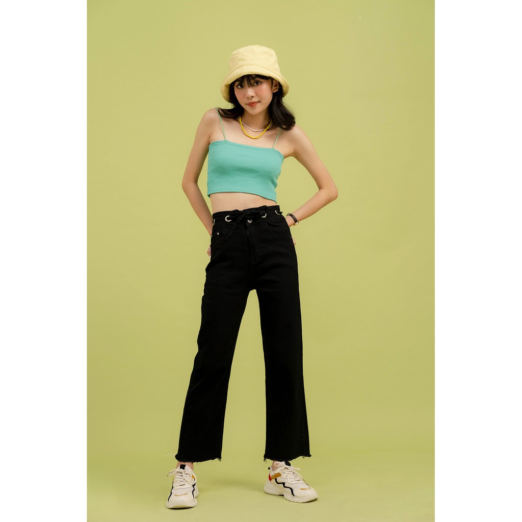 Quần jeans ống suôn màu đen đai thắt dây LENclothing 8178