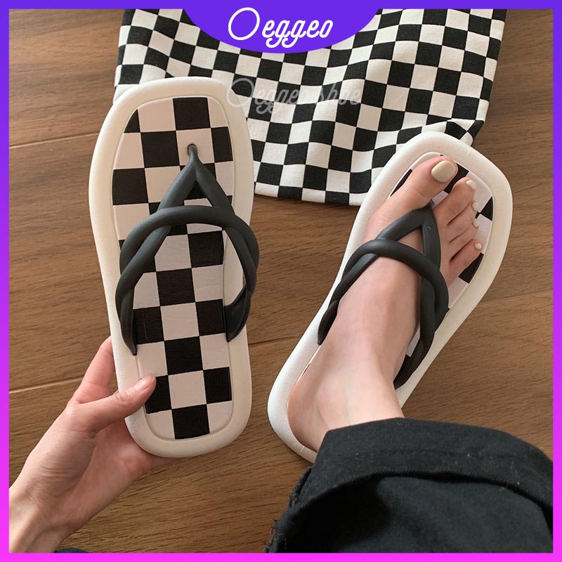 Oeggeo shop Dép Đế Lật Họa Tiết Lưới Chéo Bãi Biển Ngoài Trời Cho Nữ