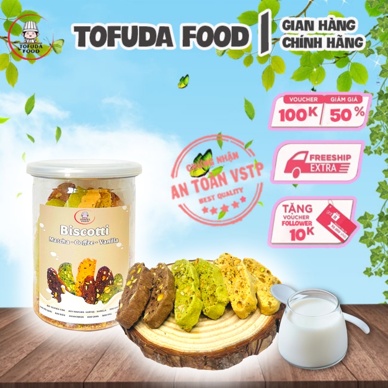 Bánh Biscotti nguyên cám mix 3 vị trà xanh vani cà phê ăn kiêng tăng cơ giảm cân, tiểu đường, eatclean TOFUDA BIS3VI250