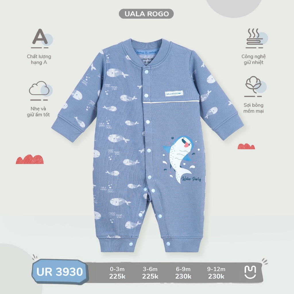 Bodysuit cho bé Uala rogo 0-12 tháng liền thân vải cotton nỉ baby shark giữ ấm gọn gàng cúc giữa dễ thay bỉm 3930
