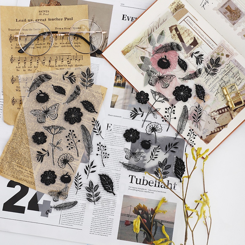 Con dấu in trong suốt thiết kế hoa lá trang trí sổ tay DIY phong cách vintage