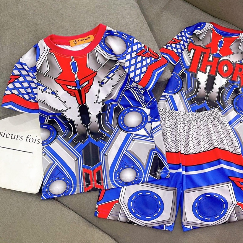 Bộ cộc tay cho bé trai chất thun lạnh in 3D spider man, siêu nhân,thor, captain americar Xu Xu Kids