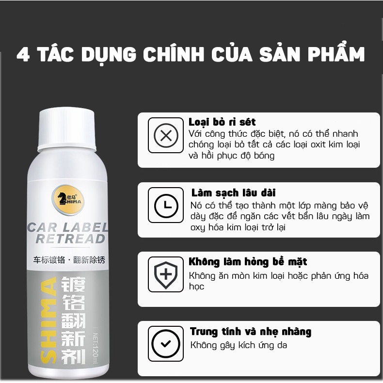 Dung Dịch Tẩy Ố Phục Hồi Và Làm Bóng Mạ Crom Chrome Inox Logo Ô Tô SHIMA 120ML DOKEY99