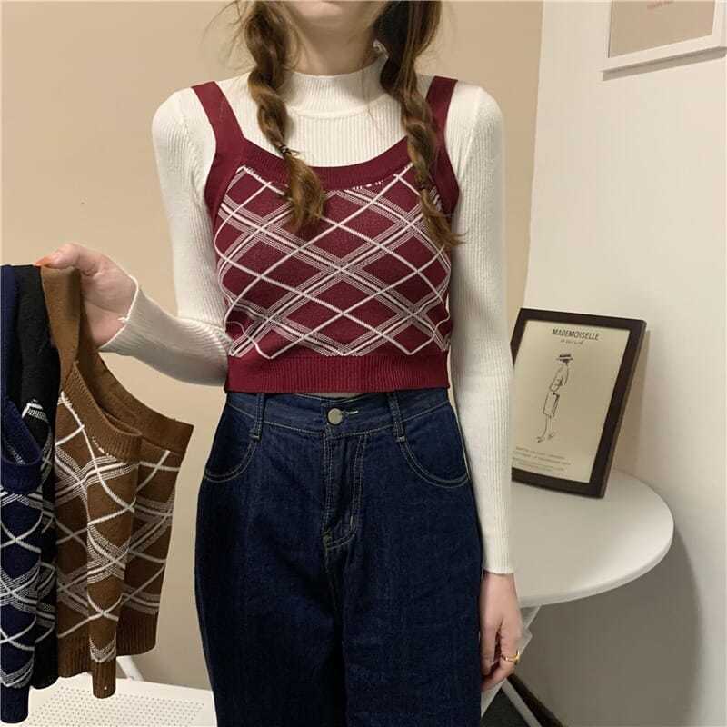 Mới Áo hai dây dệt kim dáng ôm kẻ sọc caro đính đá dễ phối đồ | BigBuy360 - bigbuy360.vn