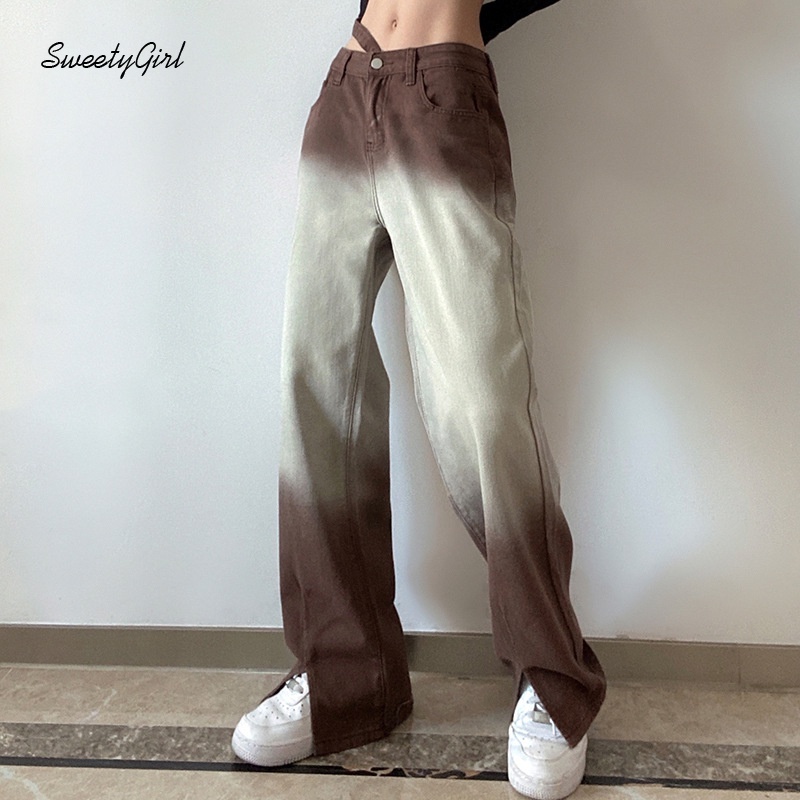 Quần jeans dài lưng cao ống đứng màu nhuộm thời trang cho nữ