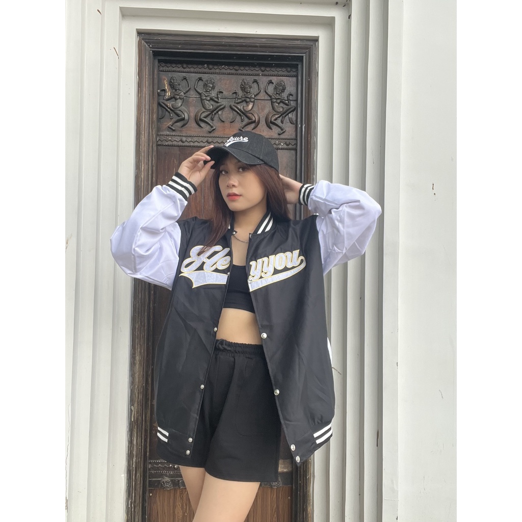 Áo khoác bomber Heyyou nam nữ vải dù 2 lớp form rộng khóa bấm sọc viền – Unisex 2022