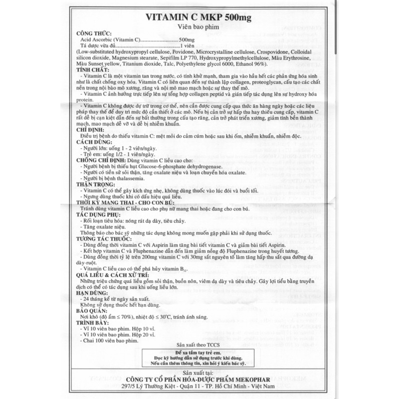 [Vỉ 10 viên] Viên uống VITAMIN C 500mg - Hãng MKP - Tăng sức đề kháng cơ thể