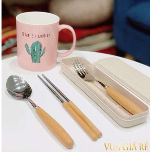 Bộ đũa thìa dĩa inox kèm hộp đựng lúa mạch