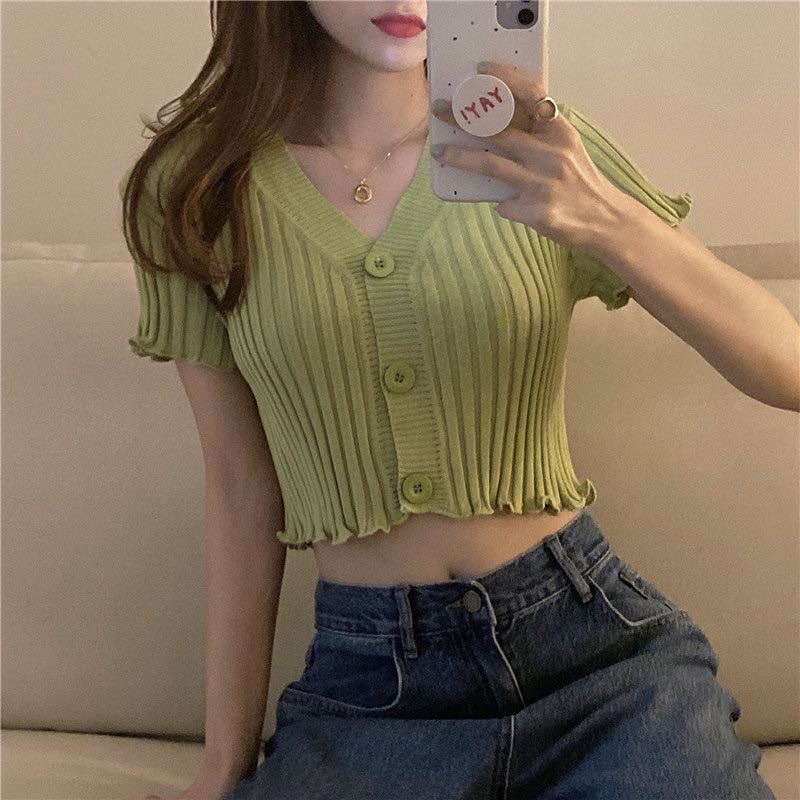 Áo cardigan dệt kim tay ngắn quốc phối nút cài xinh xắn phong cách Hàn Quốc 2022 AN2 video thật tự quay
