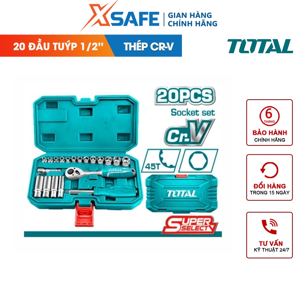 Bộ tuýp 20 chi tiết TOTAL THT121201 | Bộ cần siết 2 chiều kèm đầu tiếp kích thước 1/2 mở bu long, đai ốc cần lực xiết