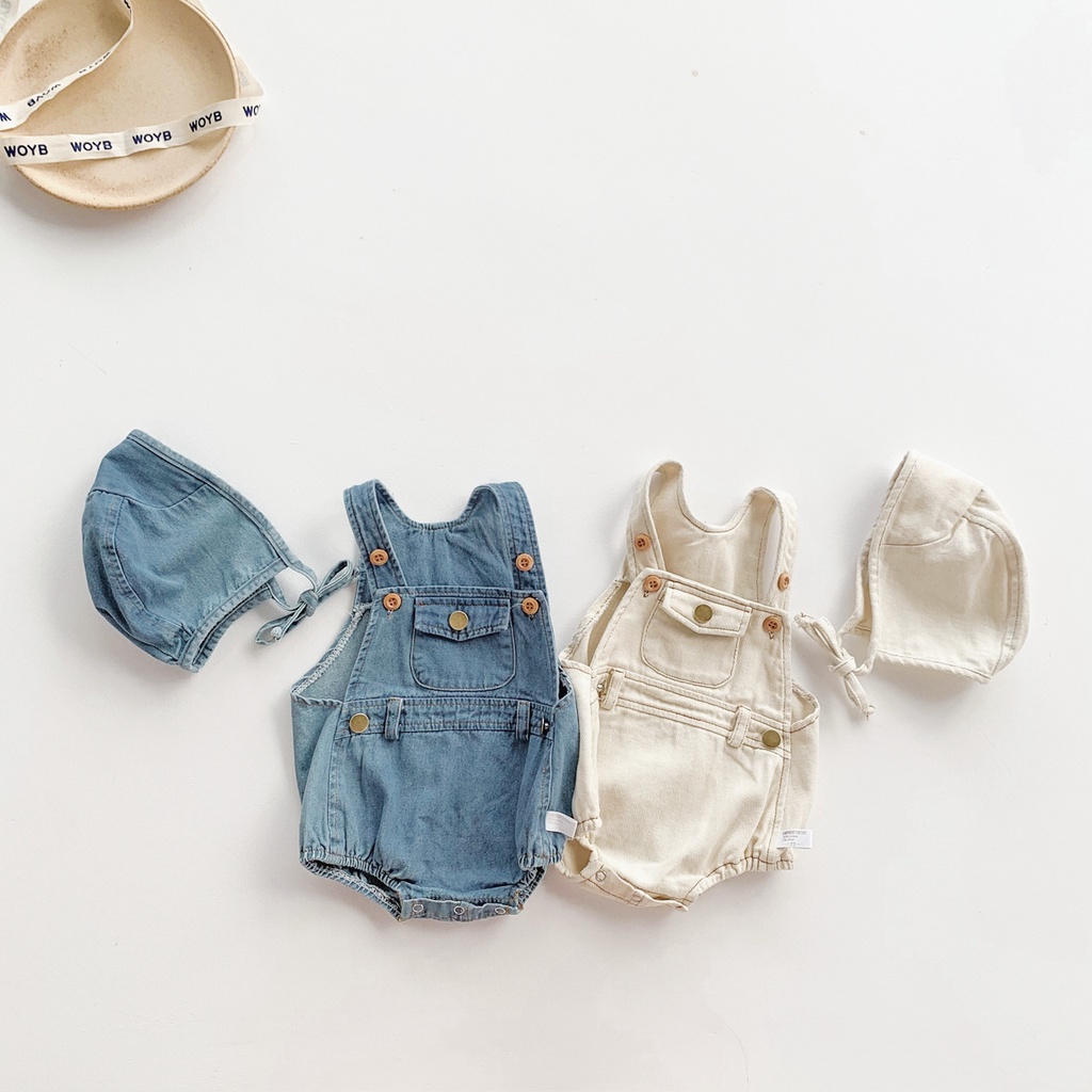 Set áo liền quần denim kèm mũ thời trang dễ thương cho trẻ sơ sinh