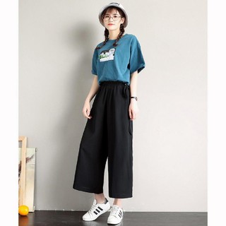 Quần ống rộng lửng nữ cạp chun VIETSTAR quần lửng baggy màu đen vải thun co giãn học sinh buộc nơ eo