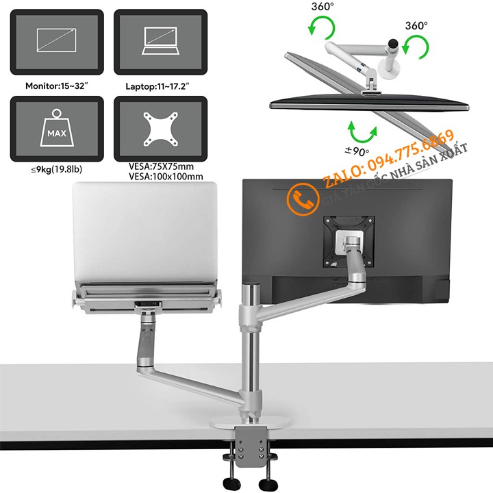 Giá Treo Màn Hình OL-3L 15 - 32 Inch Kèm Kệ Đỡ Laptop - Macbook - Ipad 11 - 17.2 Inch - Hợp Kim Nhôm Cao Cấp
