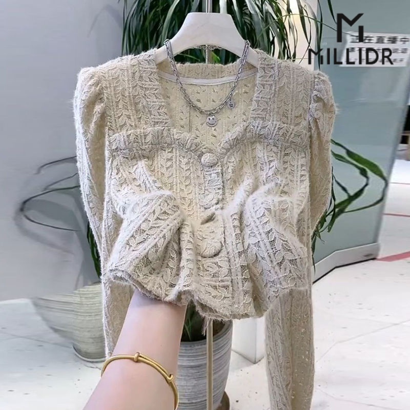 Áo Kiểu Cổ Vuông Tay Phồng Phối Ren Lỗ Thời Trang Pháp Mới Cho Nữ