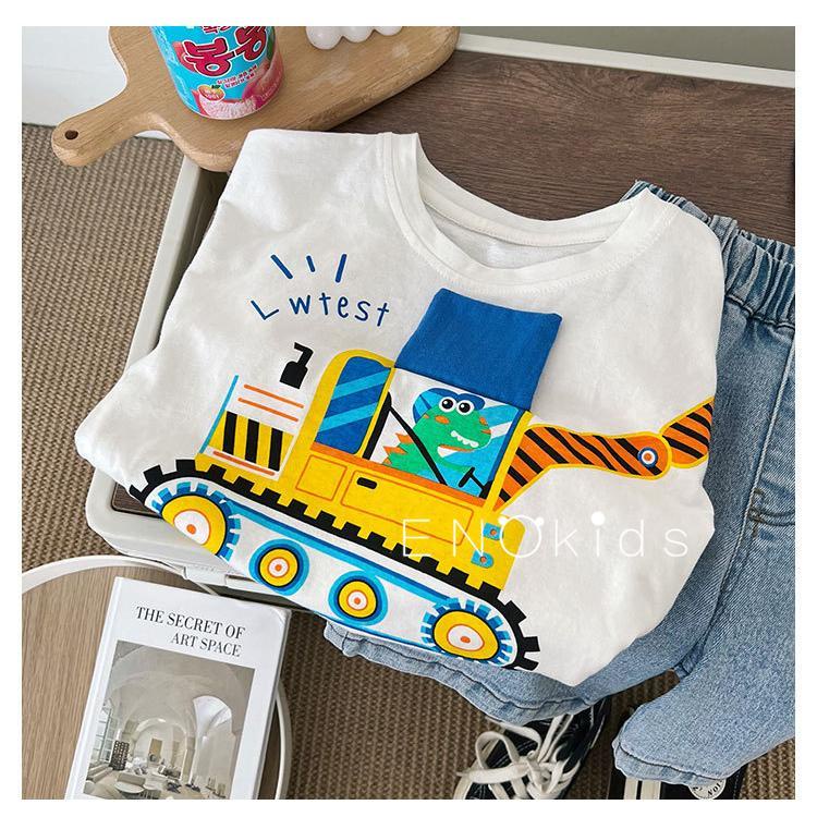 Áo Thun cotton Tay Ngắn Cổ Tròn Dáng Rộng Kiểu Hoạt Hình Khủng Long Ngộ Nghĩnh Phong Cách Nhật Bản Cho Bé