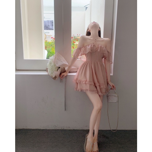 Urihouse - Đầm tiểu thư công chúa bẹt vai/cổ vuông dáng xoè tầng phối bèo nhiều tầng màu hồng pastel