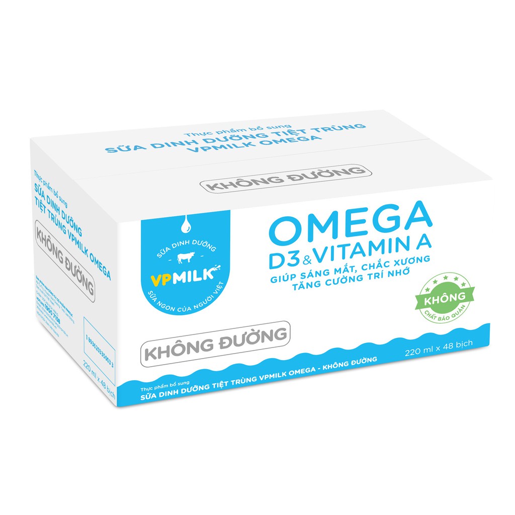 [1 Thùng 48 BỊCH 220ML] Sữa Dinh Dưỡng Tiệt Trùng VPMilk Omega, Giàu Canxi và Đạm Sữa, Vị Ngọt Lành