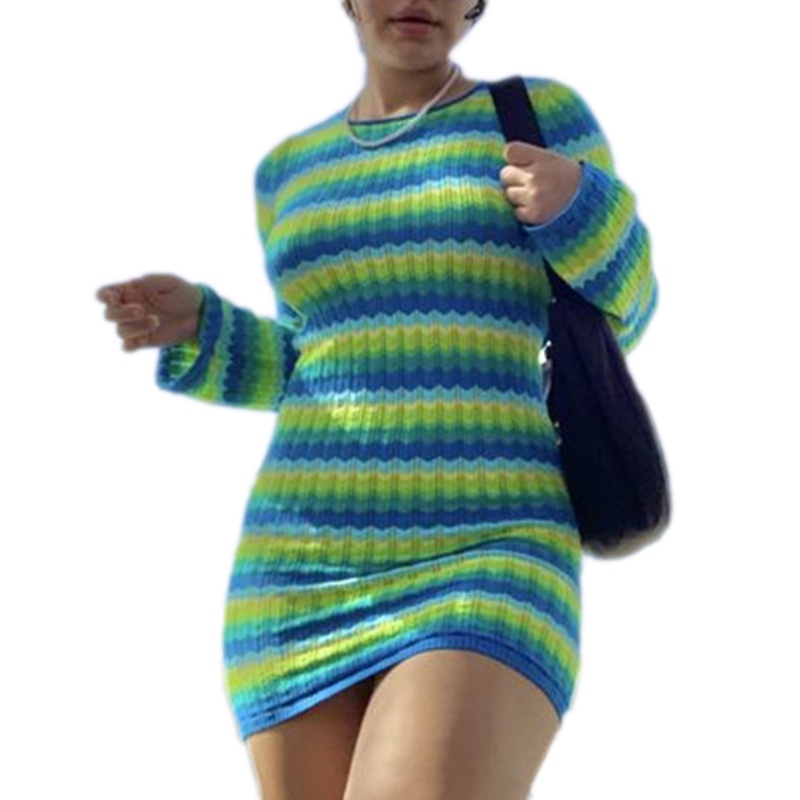 Brroa Đầm Mini Dệt Kim Ôm Dáng Tay Dài Cổ Tròn Họa Tiết Kẻ Sọc Nhiều Màu Sắc Cột Dây Hở Lưng Thời Trang Mùa Hè Cho