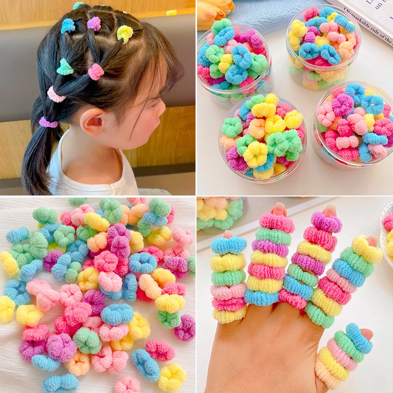 Hộp 100 dây thun buộc/cột tóc siêu đàn hồi size nhỏ nhiều màu xinh xắn cho bé gái