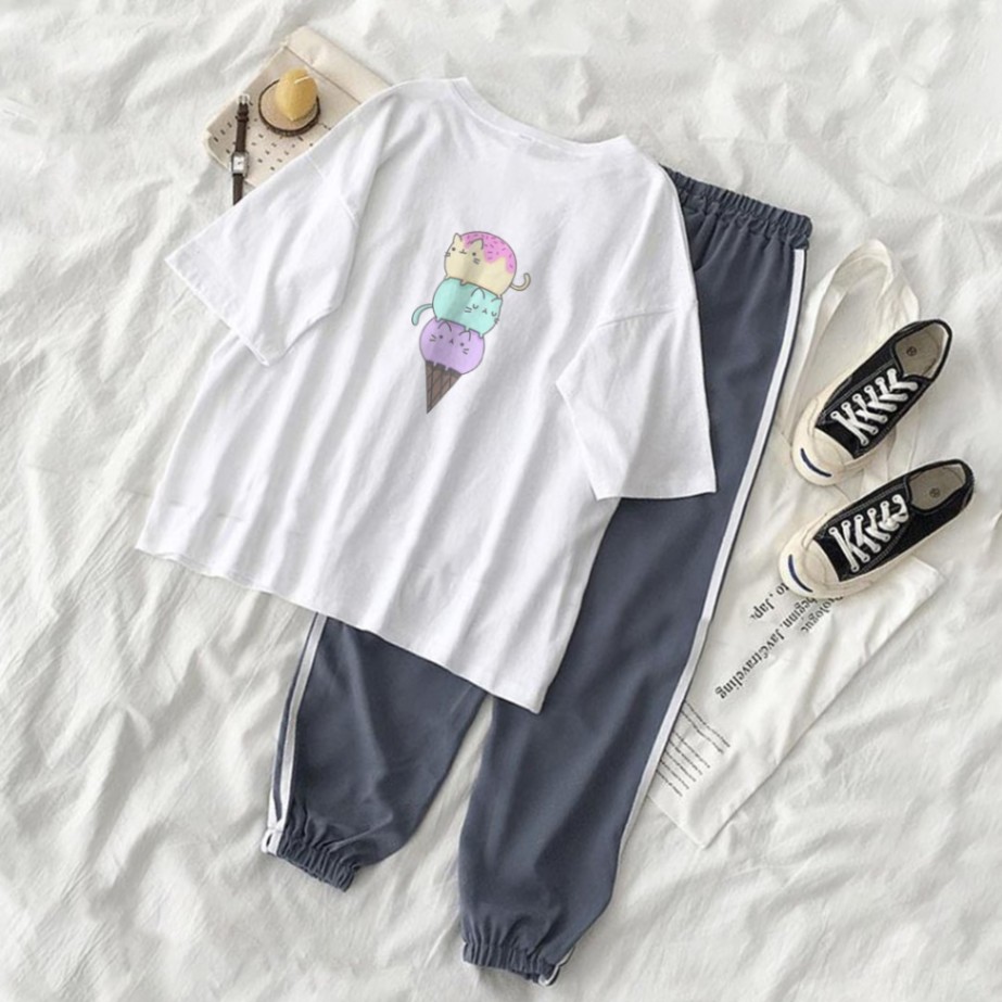 Set Quần Áo Nữ Unisex,Set Đồ Nữ Dạo Phố phong cách Thể Thao Jogger Line Phối Thun Unisex Kem Mèo 3 Màu