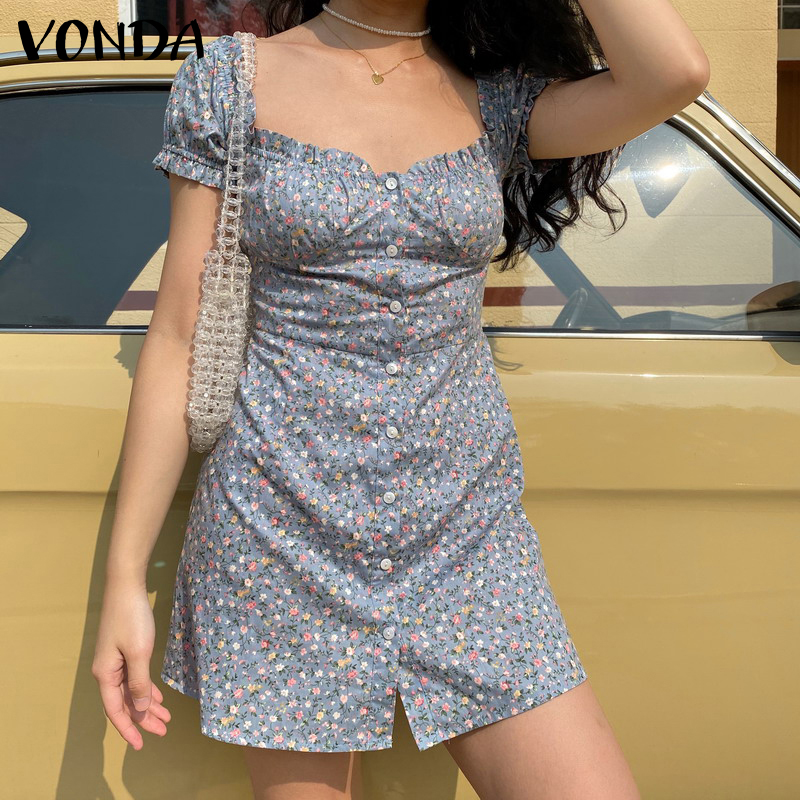 Vonda Đầm Tay Ngắn Phối Nút Họa Tiết Hoa Phong Cách Hàn Quốc Thời Trang Mùa Hè Cho Nữ | BigBuy360 - bigbuy360.vn