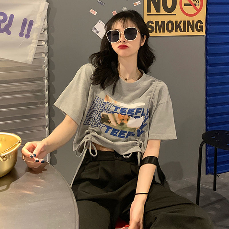 Áo Thun Ngắn Tay Phối Dây Rút Cá Tính Dành Cho Nữ