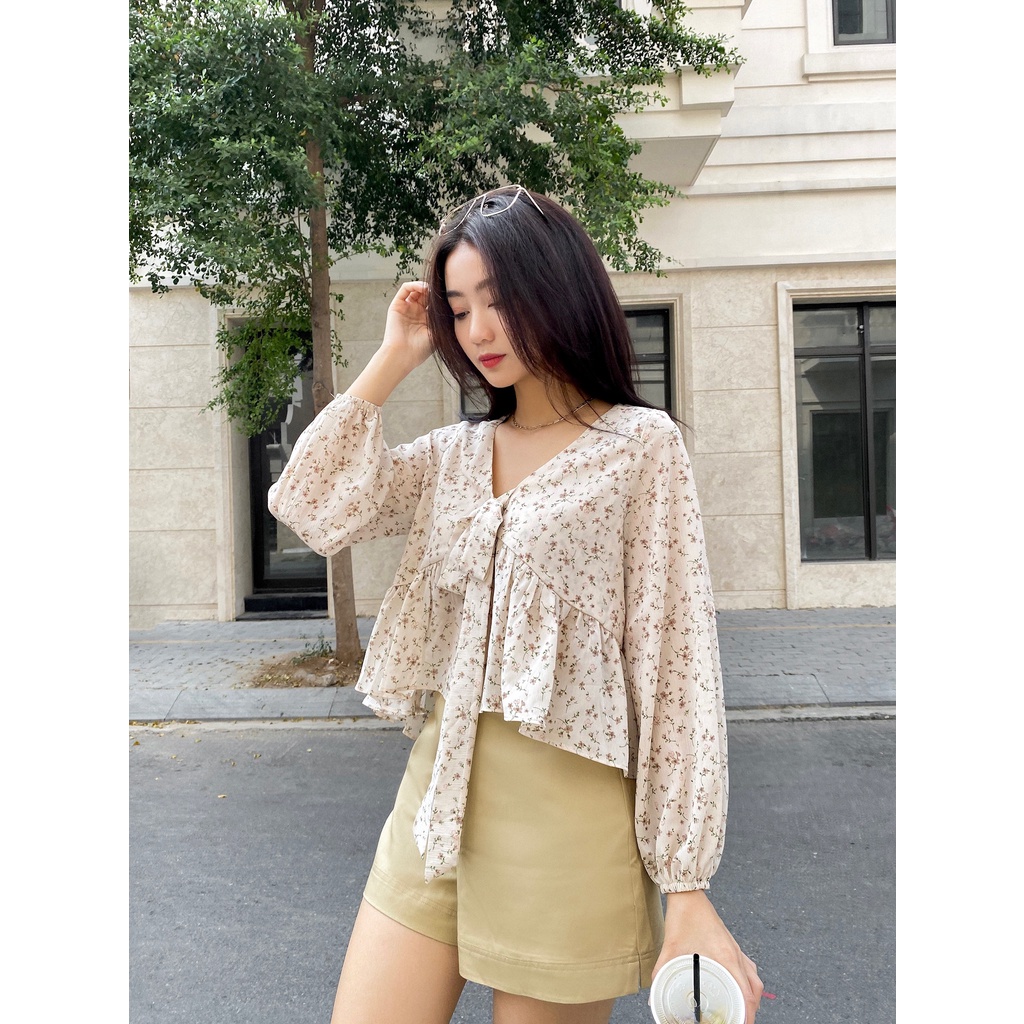 Áo babydoll chất voan hoa nhí cute cột nơ ngực MIEU - HN27