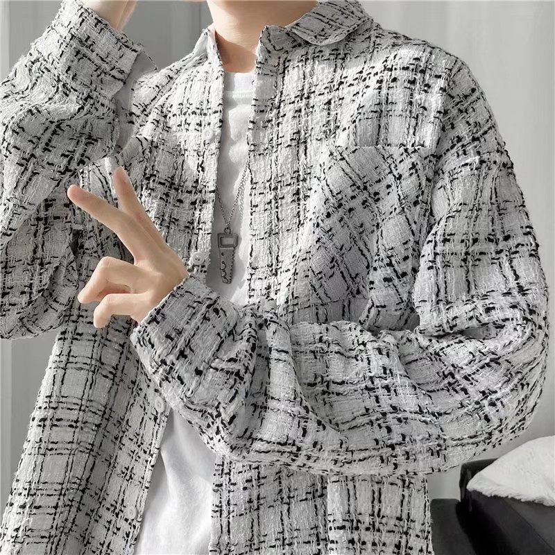 Áo khoác len tay dài dáng rộng kẻ sọc caro trắng đen thời trang thu đông phong cách Hàn Quốc cho nam và nữ