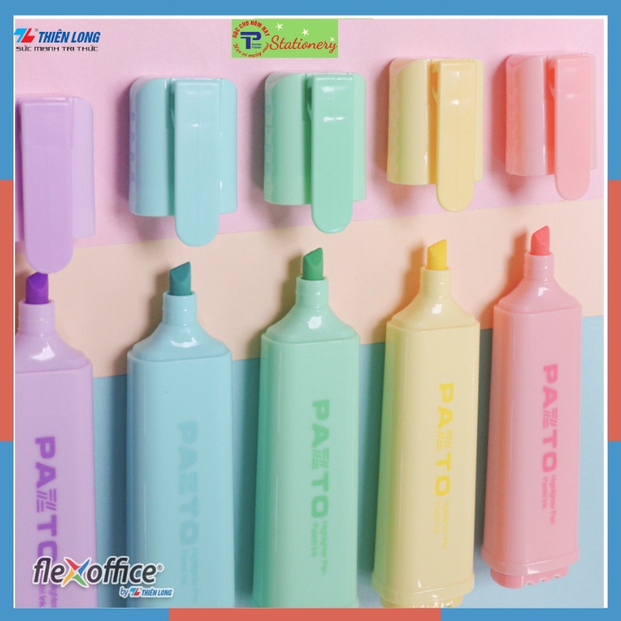 Bút dạ quang màu Pastel Thiên Long Flexoffice Pazto FO-HL009/VN - Bút dạ quang rửa được - Không để lại vết khi Photocopy