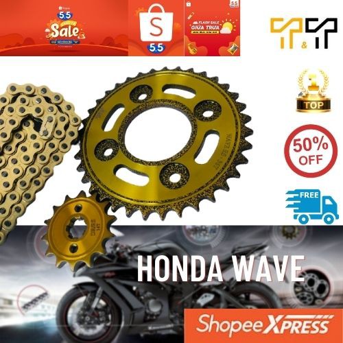 Nhông sên dĩa honda wave rs hàng nhập Thái cao cấp với thông số kĩ thuật 36T x 14T màu vàng nổi bật. Bảo hành 6 tháng