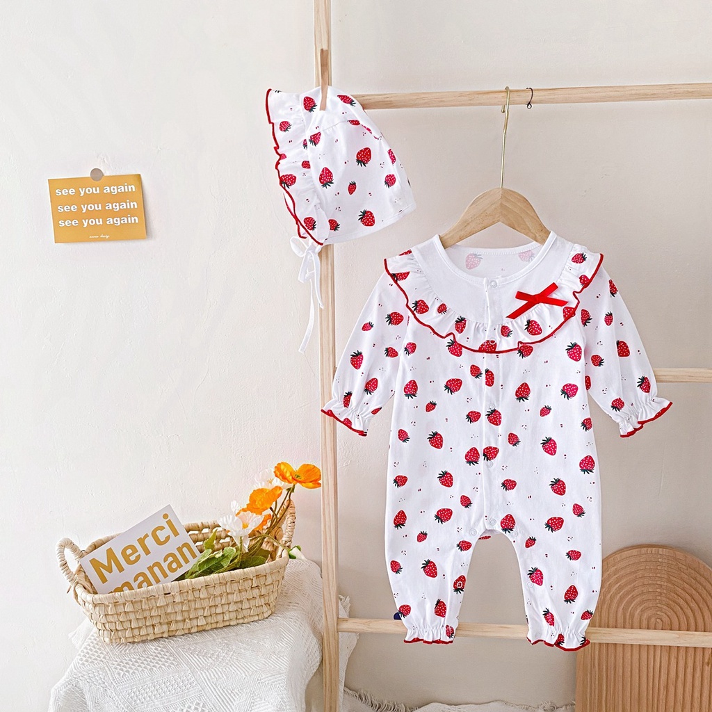 Áo Liền Quần Tay Dài Chất Liệu Cotton In Họa Tiết Dâu Tây Xinh Xắn Cho Bé Gái Sơ Sinh 023