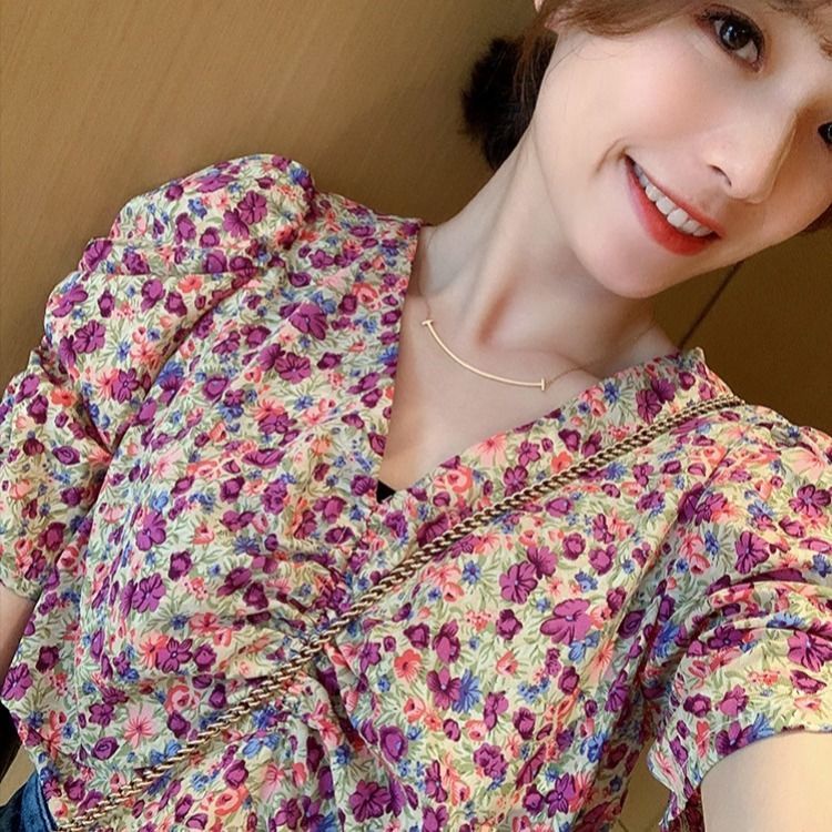 Áo Sơ Mi Chiffon Tay Ngắn Phồng Cổ Chữ V Họa Tiết Hoa Thời Trang Mùa Hè Phong Cách Hàn Quốc Mới Dành Cho Nữ