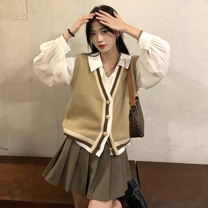 Set áo khoác ghi lê dệt kim + áo sơ mi tay dài thời trang cho nữ