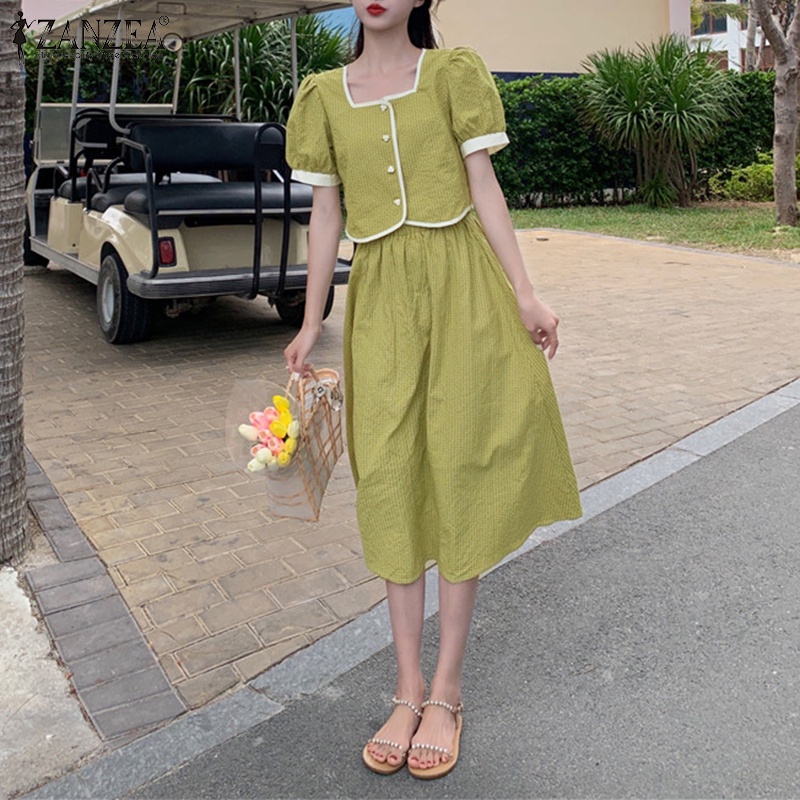 Set Zanzea gồm áo thun ngắn tay cổ vuông + chân váy dài thời trang nữ